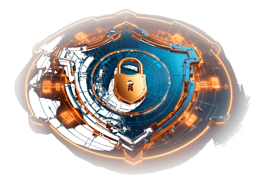 Shield and padlock emblem representing encryption, access control, and secure operations