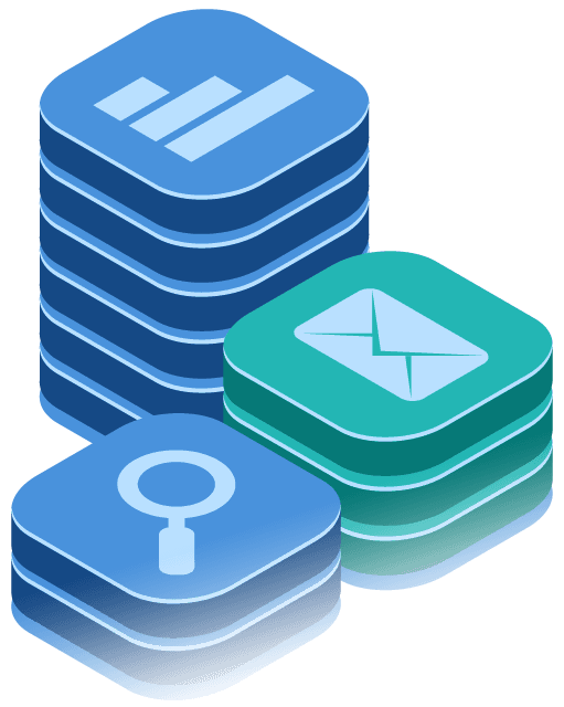 Isometric stacks representing analytics, communication, and knowledge search across the organization